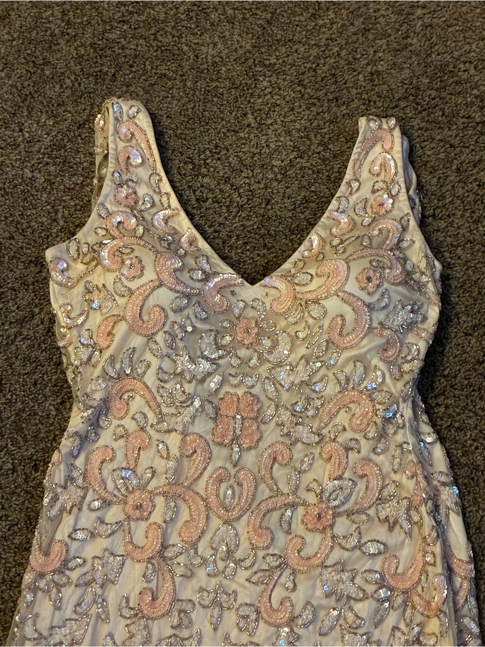 Embellished V-Neck Ivory Dress with Pink Accents